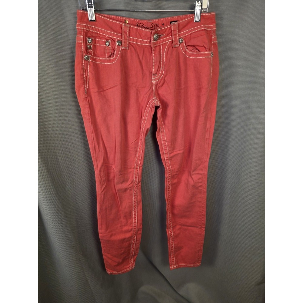 Miss Me Jeans Womens 28 Pink Melon Low Rise Skinny Rhinestone Embellished Denim